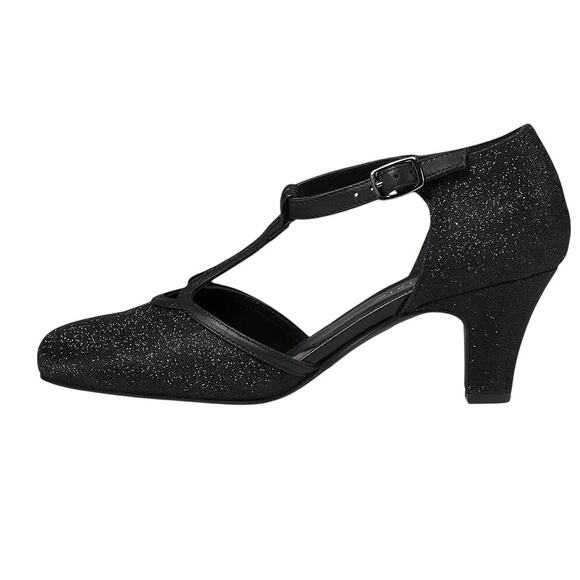 David Tate Womens Fantastic Heels 10 NARROW Black Glitter Fabric T-Strap NIB - Picture 2 of 13